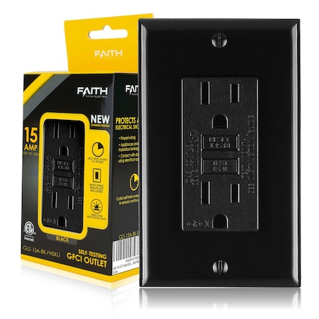 Faith 15A GFCI Outlet Slim, Non-TamperResistant GFCI Duplex Receptacle, LED Indicator, Self-Test, Black GLS-15A-BK